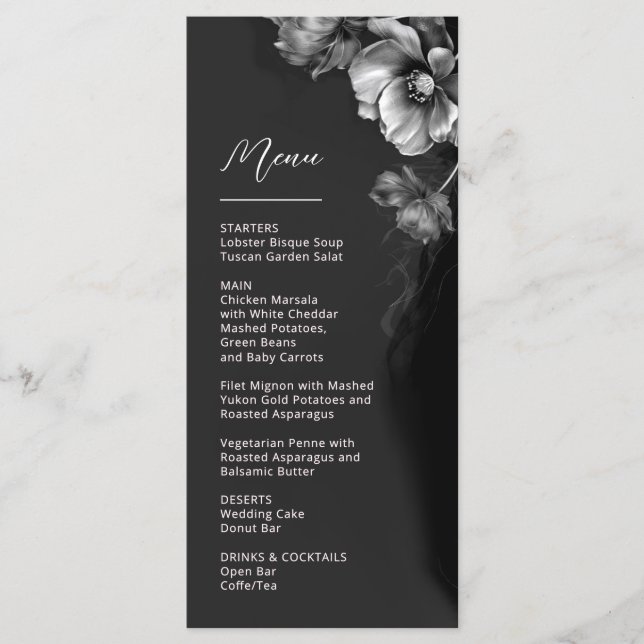 Menú Boda floral negro plateado (Anverso)