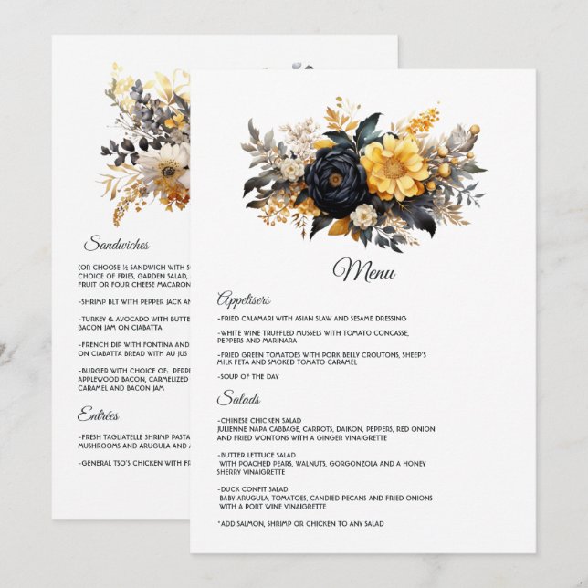 Menú Boda floral negro y dorado (Anverso / Reverso)