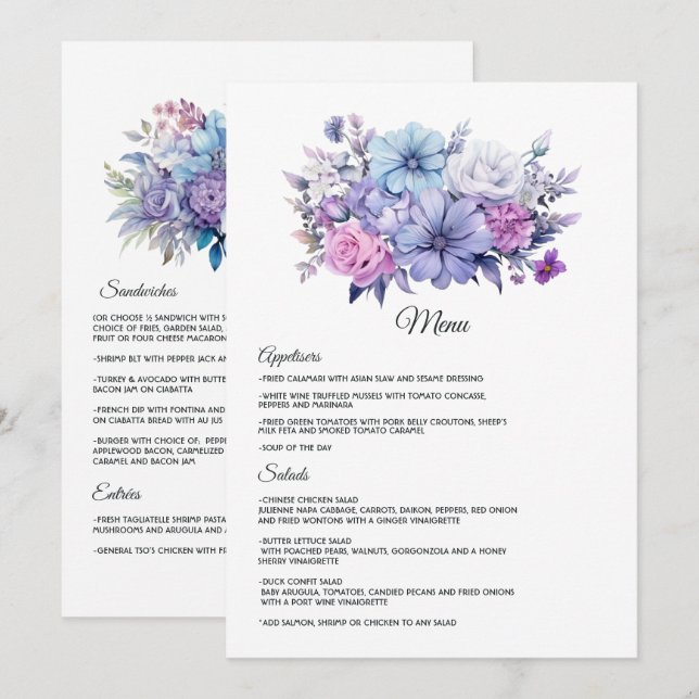Menú Boda floral plateada, azul helado y lila (Anverso / Reverso)