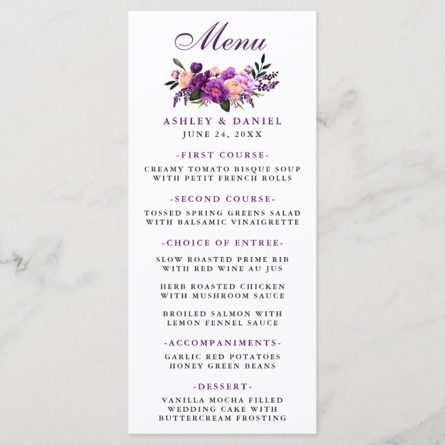 Menú Boda Floral Purple Ultra Violeta (Anverso)