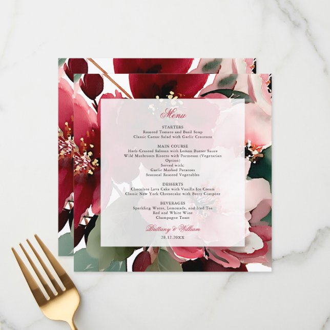 Menú Boda floral roja con tema de Navidad (Anverso/Reverso In Situ)