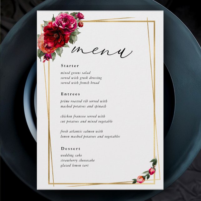 Menú Boda floral roja rosa chic y falsa dorada (Subido por el creador)