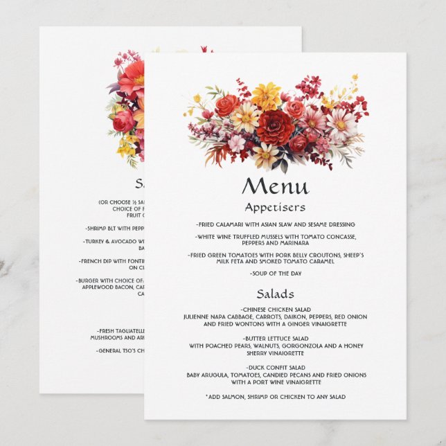 Menú Boda floral roja suntuosa (Anverso / Reverso)