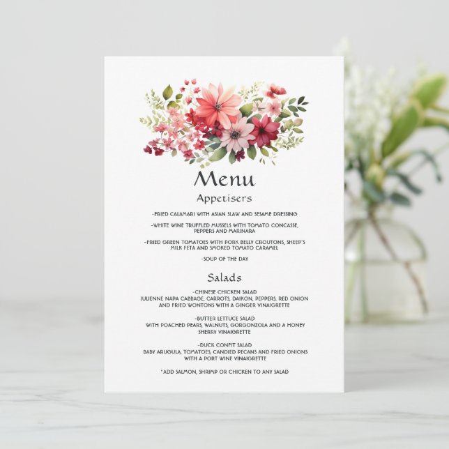 Menú Boda floral rojo, rosa y verde (Anverso de pie)