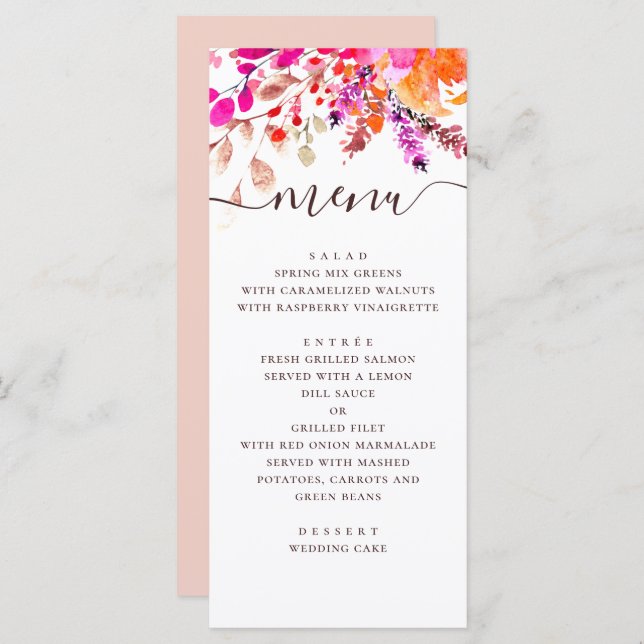 Menú Boda floral rosa acuarela. Jardín botánico (Anverso / Reverso)