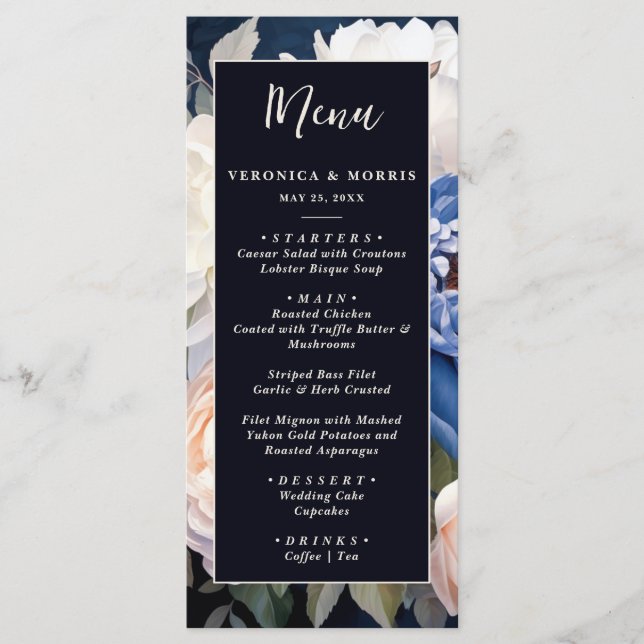 Menú Boda floral rosa azul marino y turbio Rubor (Anverso)