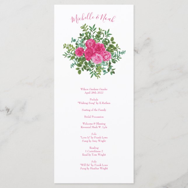 Menú Boda floral rosa brillante (Anverso)