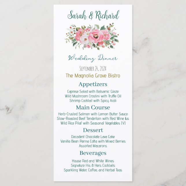Menú Boda Floral Rosa Brillante (Anverso)