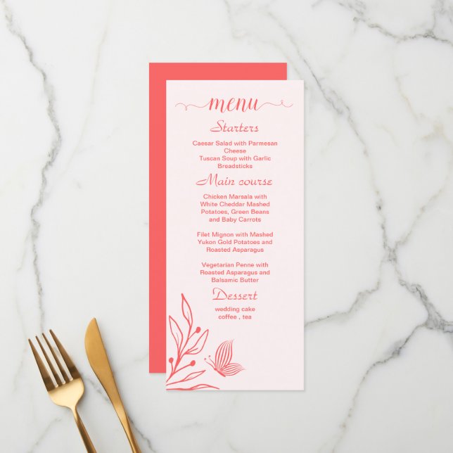 Menú Boda floral rosa de coral simple (Anverso/Reverso In Situ)