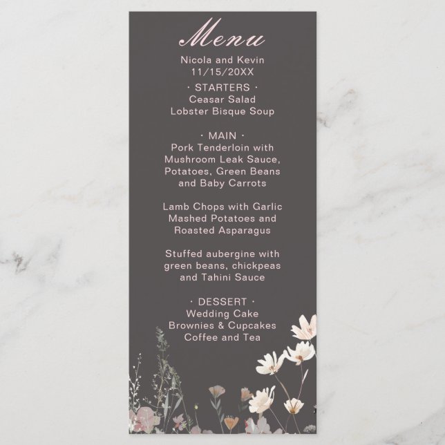 Menú Boda floral rosa de primavera de flor silvestre (Anverso)
