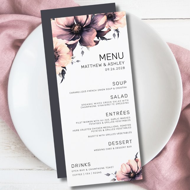 Menú Boda floral rosa elegante moderna (Unique Modern Elegant Floral Pink Black Wedding Menu)