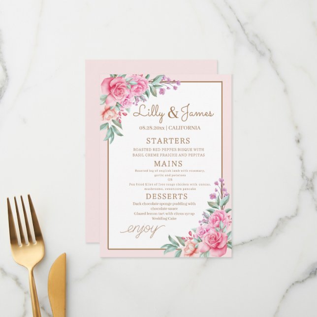 Menú Boda floral rosa geométrico (Anverso/Reverso In Situ)