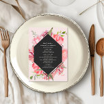 Menú Boda floral rosa geométrico<br><div class="desc">Diseño floral rosa alrededor de un fondo geométrico gris</div>