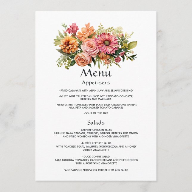 Menú Boda floral rosa, Naranja y verde (Anverso)