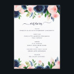 Menú Boda floral rosa Rubor azul marino<br><div class="desc">Menús de Boda Primaria Azul,  Blanco y Rubor Rosa Moderno y Elegante Floral Floral - incluye una tipografía de escritura hermosa y elegante con flores botánicas modernas y vegetación para la celebración especial del Día de la Boda.</div>