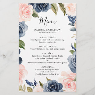 Menú Boda floral rosa Rubor con polvo azul marino