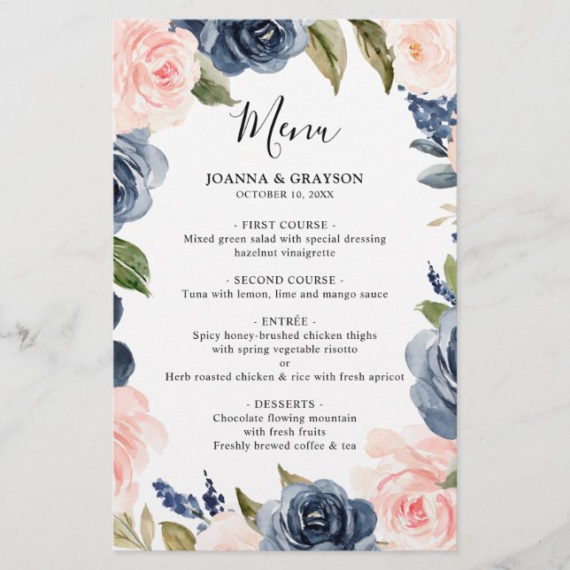 Menú Boda floral rosa Rubor con polvo azul marino (Anverso)