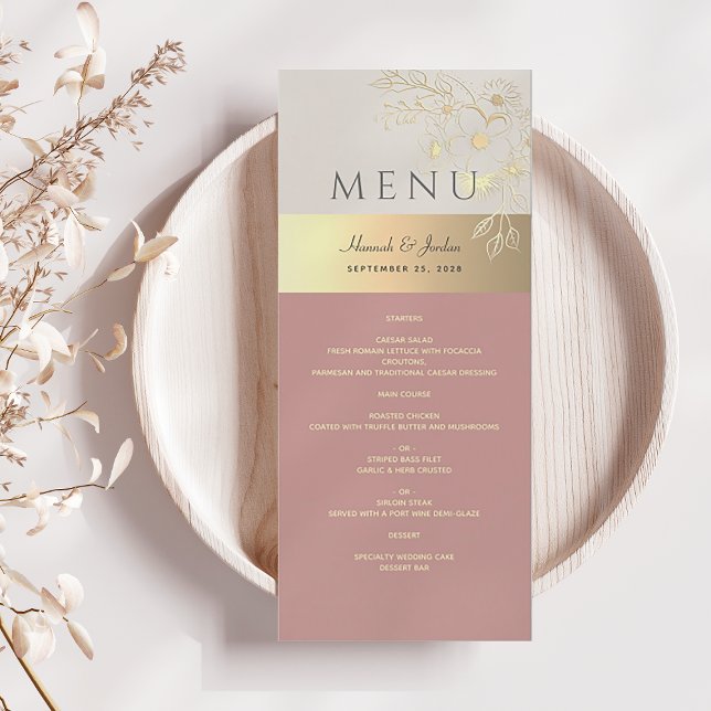 Menú Boda floral rosa sonrosado y dorado (Subido por el creador)