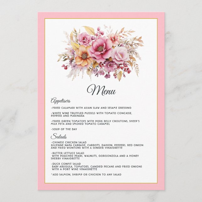 Menú Boda floral rosa y dorado (Anverso)
