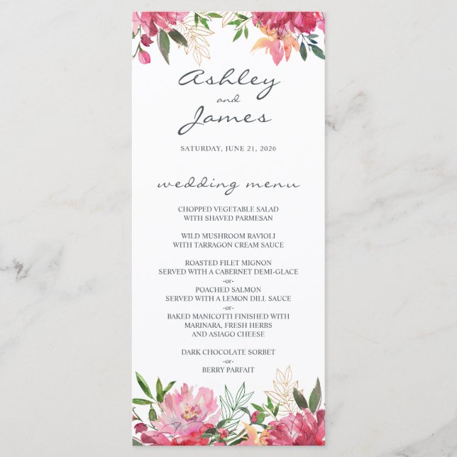 Menú Boda floral Ruby Pink Peony (Anverso)