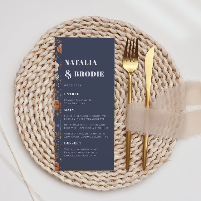 Menú Boda floral Rustic Navy Blue Terracotta (Subido por el creador)