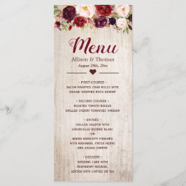 Menú Boda floral Rustic Wood Burgundy Rubor