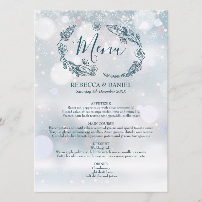 Menú Boda floral rústico de invierno con copas de nieve (Anverso)