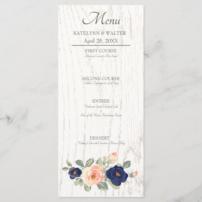 Menú Boda floral Rústico y azul de la marina (Anverso)