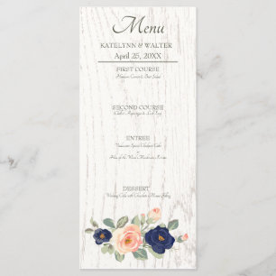 Menú Boda floral Rústico y azul de la marina
