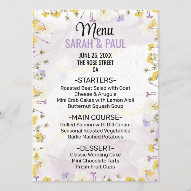 Menú Boda floral silvestre de lavanda y amarillo (Anverso)
