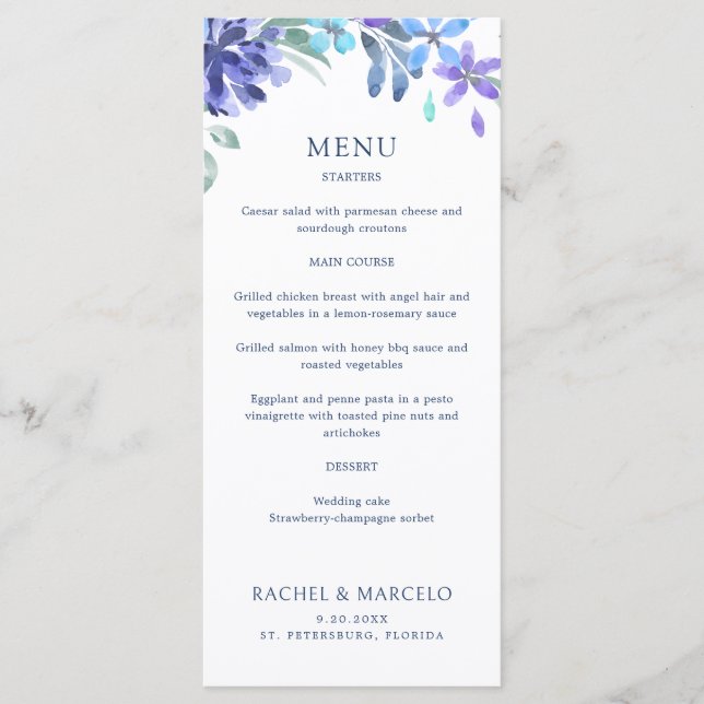 Menú Boda floral tropical azul (Anverso)