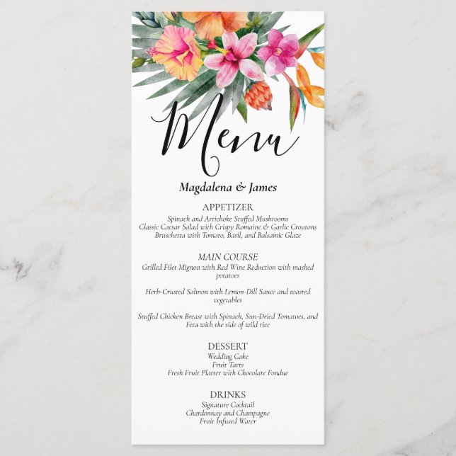 Menú Boda floral tropical rosa y Naranja (Anverso)