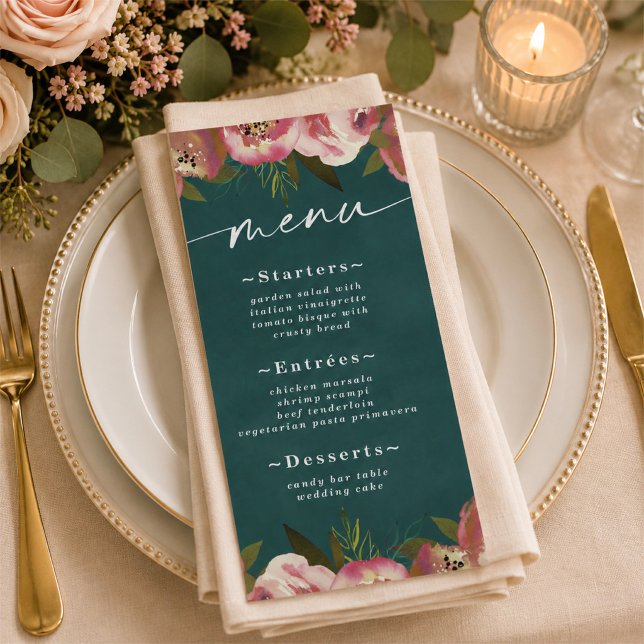 Menú Boda Floral Verde Azul Profundo Chic Blooming (Elegant dark teal and floral reception menus)