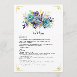 Menú Boda floral verde azulado, púrpura y dorada