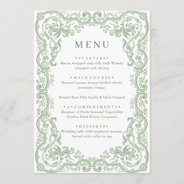 Menú Boda floral verde de origen renacentista (Anverso)