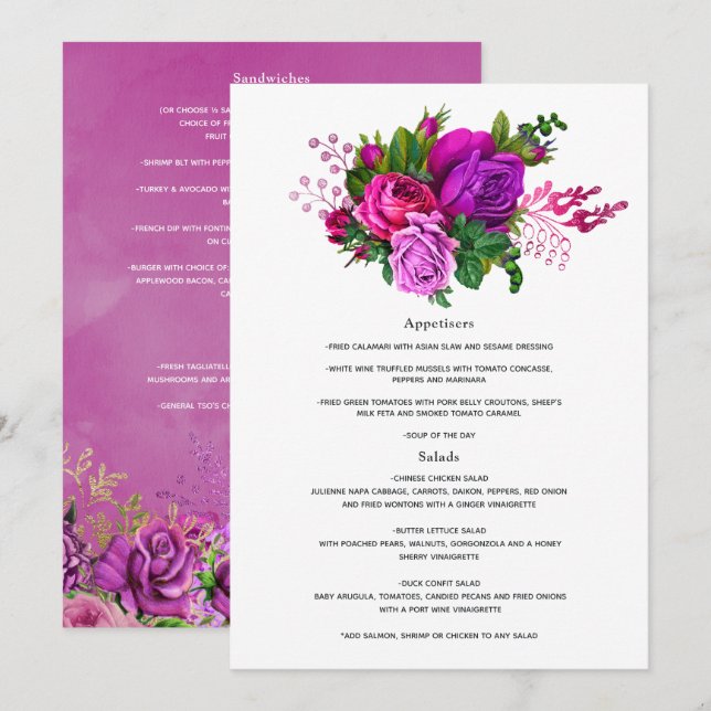 Menú Boda floral vintage fucsia y púrpura (Anverso / Reverso)