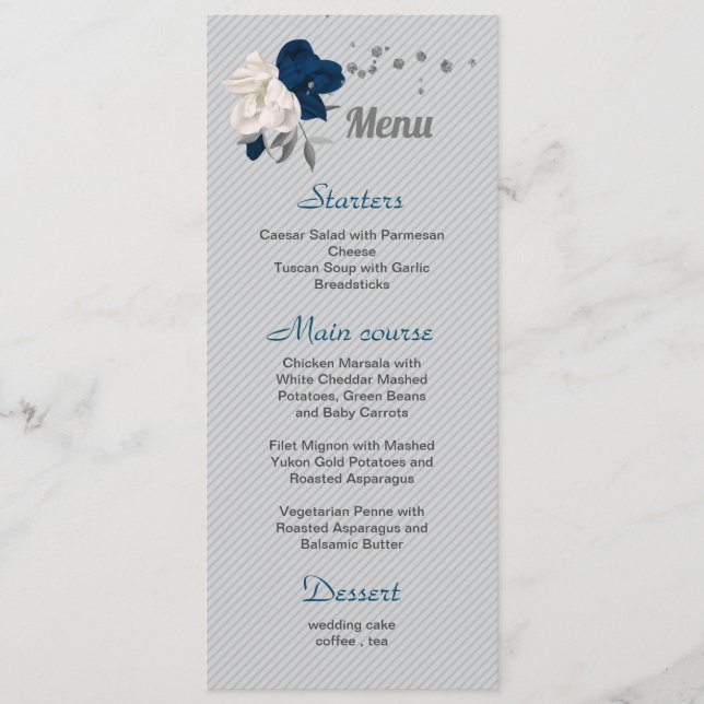 Menú boda flores blancas azul marino hojas plata (Anverso)