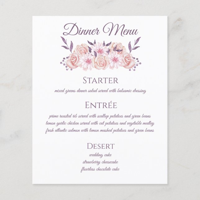 Menú Boda-flores rosadas de color de agua (Anverso)