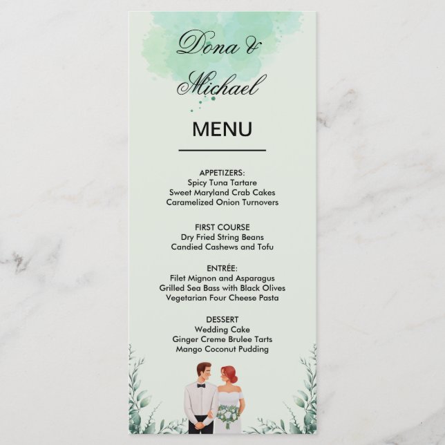 Menú Boda fluida con acuarela verde personalizada (Anverso)
