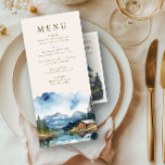 Menú Boda forestal Country Lake Mountain<br><div class="desc">Carta boda con un diseño acuático con un bonito granero boda rústico situado a orillas de un tranquilo lago, enmarcado por majestuosas montañas y altísimos pinos. La escena acuática campestre capta la serena belleza de un día soleado, con los cálidos tonos de madera del granero perfectamente reflejados en las aguas...</div>