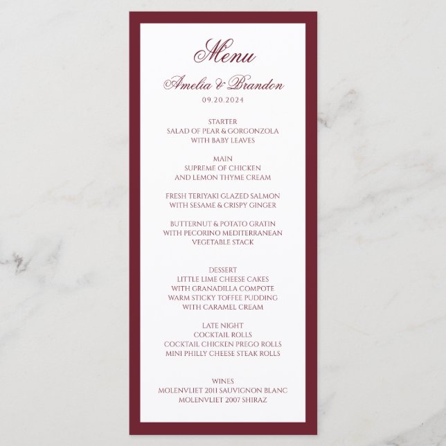 Menú Boda Formal Clásica con Borde de Letra Script en B (Anverso)