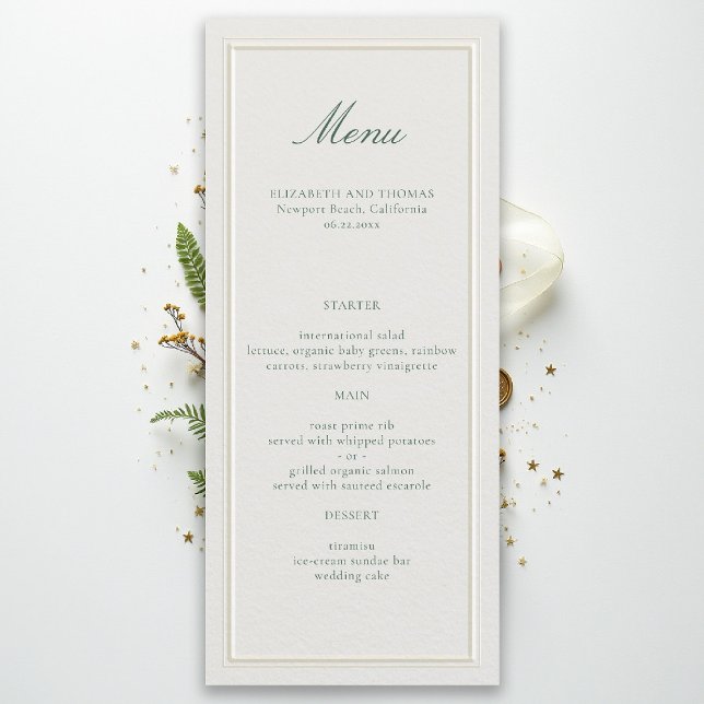 Menú Boda Formal Clásica Verde Marco Elevado Ecru (formal wedding menu ecru green elegant modern classic traditional ballroom black tie)
