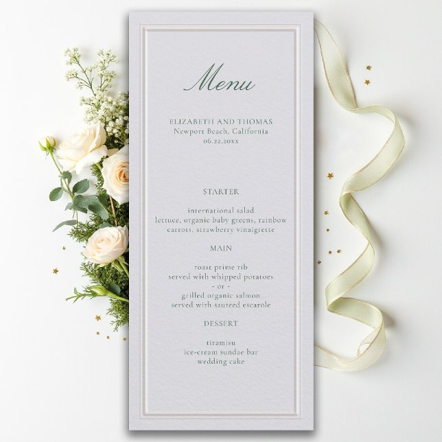 Menú Boda Formal Clásica Verde Marco Elevado Marfil (formal wedding menu ivory green elegant modern classic traditional ballroom black tie)