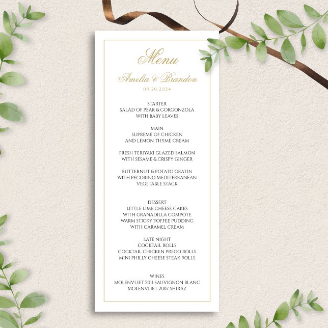 Menú Boda formal clásico de guiones negro y oro (Subido por el creador)