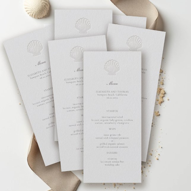 Menú Boda formal clásico de la cubierta náutica costera (nautical wedding menu coastal modern classic formal traditional elegant shell medium ivory)