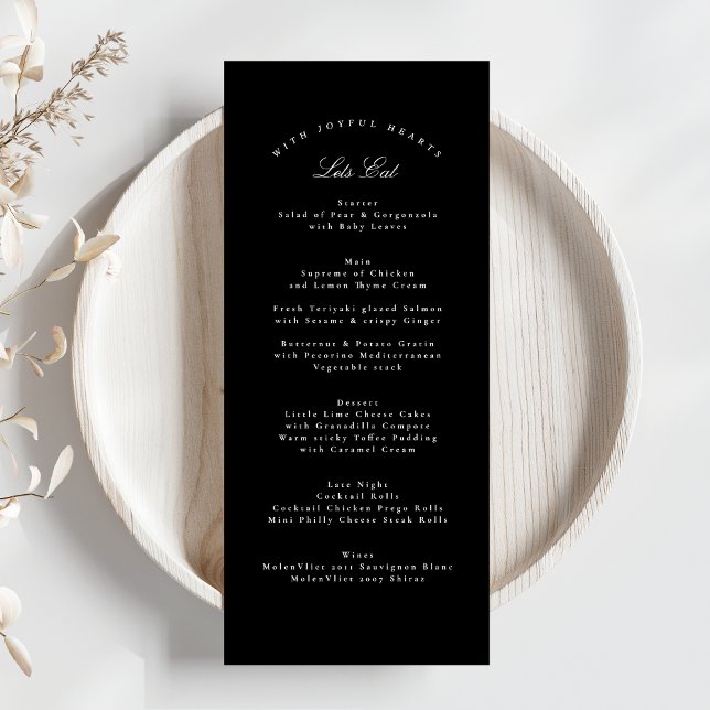 Menú Boda formal de caligrafía clásica negra de Tuxedo (Subido por el creador)