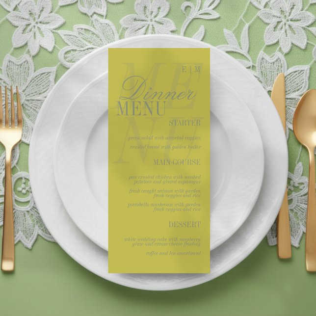 Menú Boda Formal de Citrus Verde con Letra Moderna (Set the dinner tables of your big day with this Modern Script Citrus Green Formal Wedding Menu! )