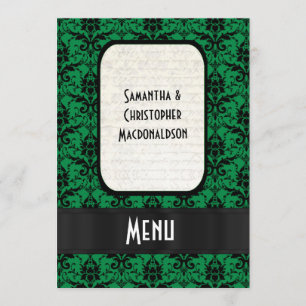 Menú boda formal de damasco negro y verde