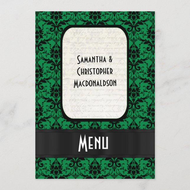 Menú boda formal de damasco negro y verde (Anverso)