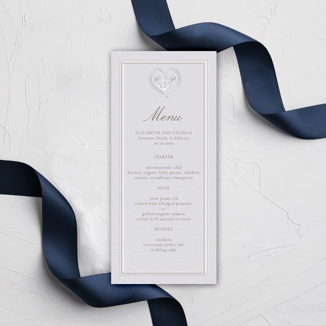 Menú Boda formal de la Escudo de la inclinación costera (nautical wedding menu card classic formal traditional frame faux embossed anchor crest monograms)